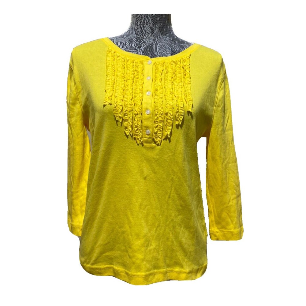 American Living Yellow Ruffle Henley Top Button Boho Peasant Cottagecore Blouse